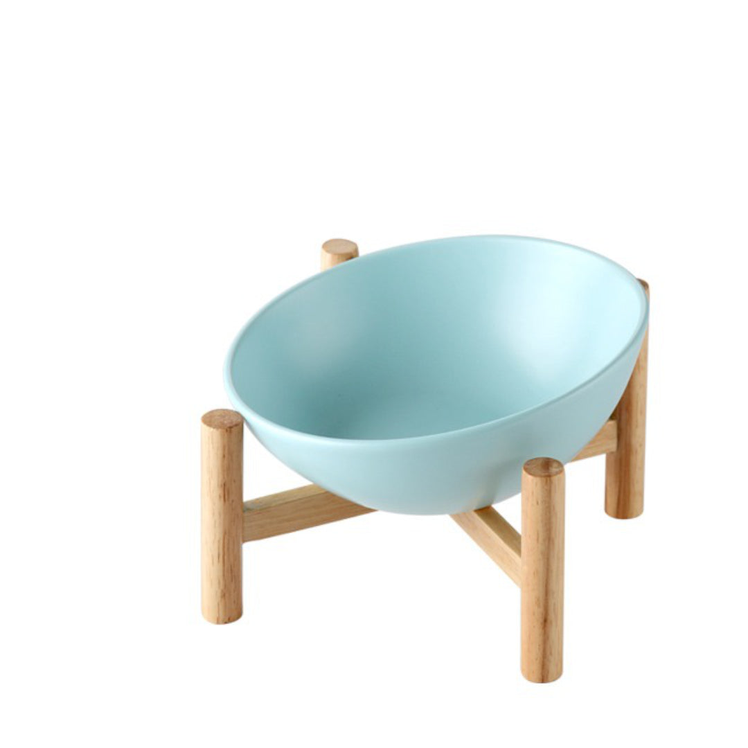 blue cat bowl with wooden stand | cat bowl stand | pet bowl stand 